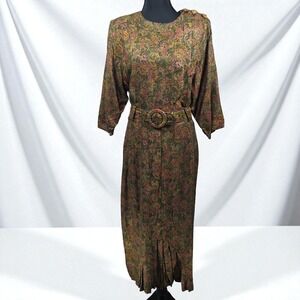 Vintage 80s Positive Influence Floral‎ Dress Woman 11-12 Belted Midi Made in USA
